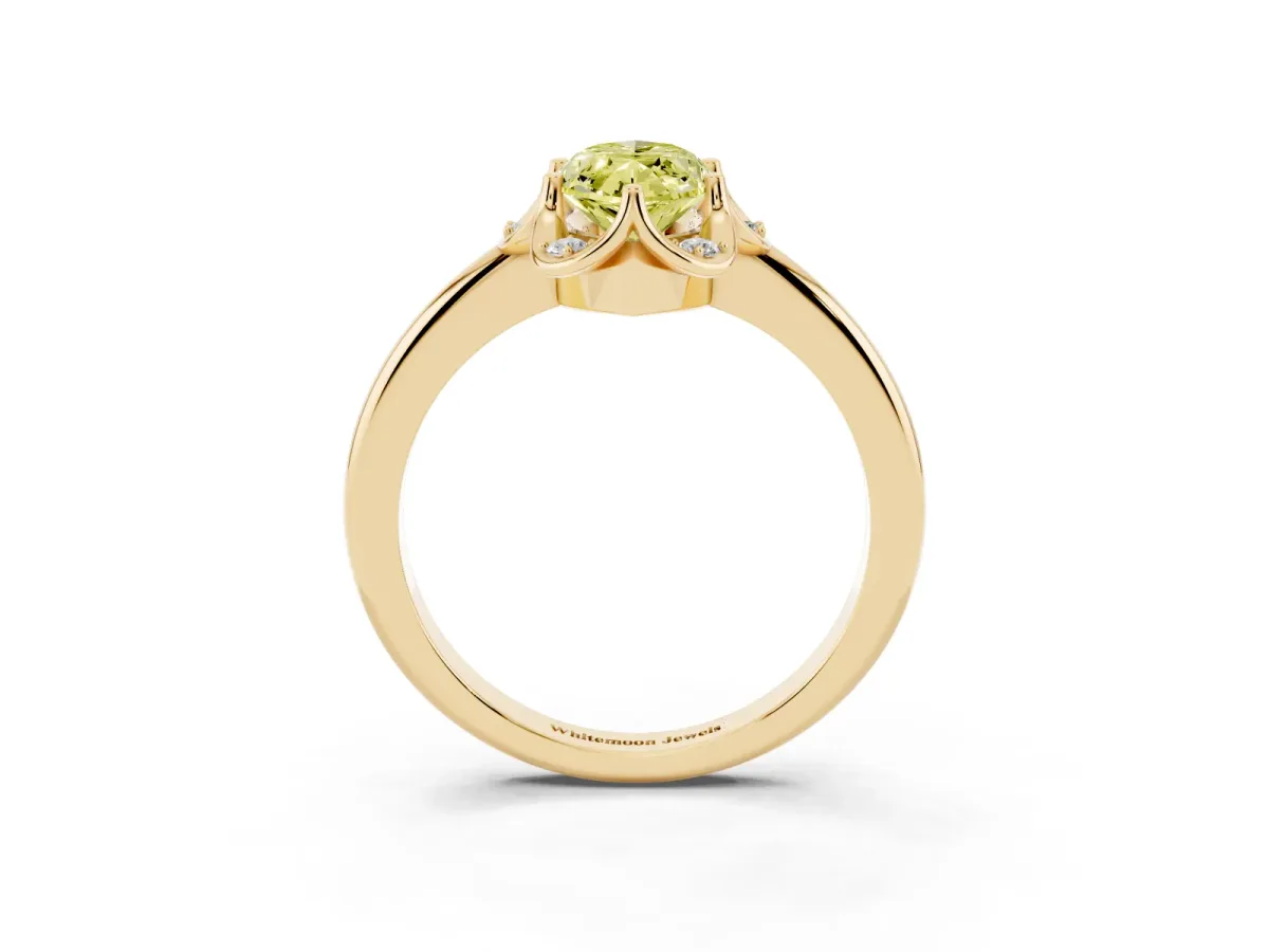 Fancy Yellow Marquise Cut Halo Diamond Ring with Round Cluster Setting, Solitaire Band, and Four-Prong Setting Yellow gold