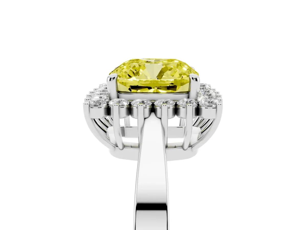 Fancy Yellow Cushion Cut Cut Diamond Halo Ring with Round Brilliant Halo and Solitaire Band Silver