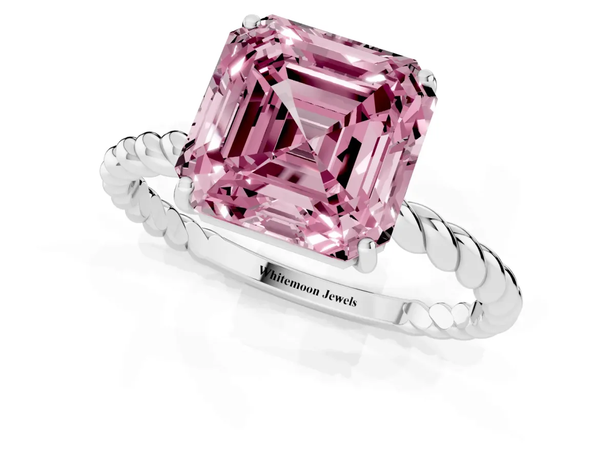 Fancy Pink Asscher Cut Solitaire Twist Band Ring with Four-Prong Setting Silver