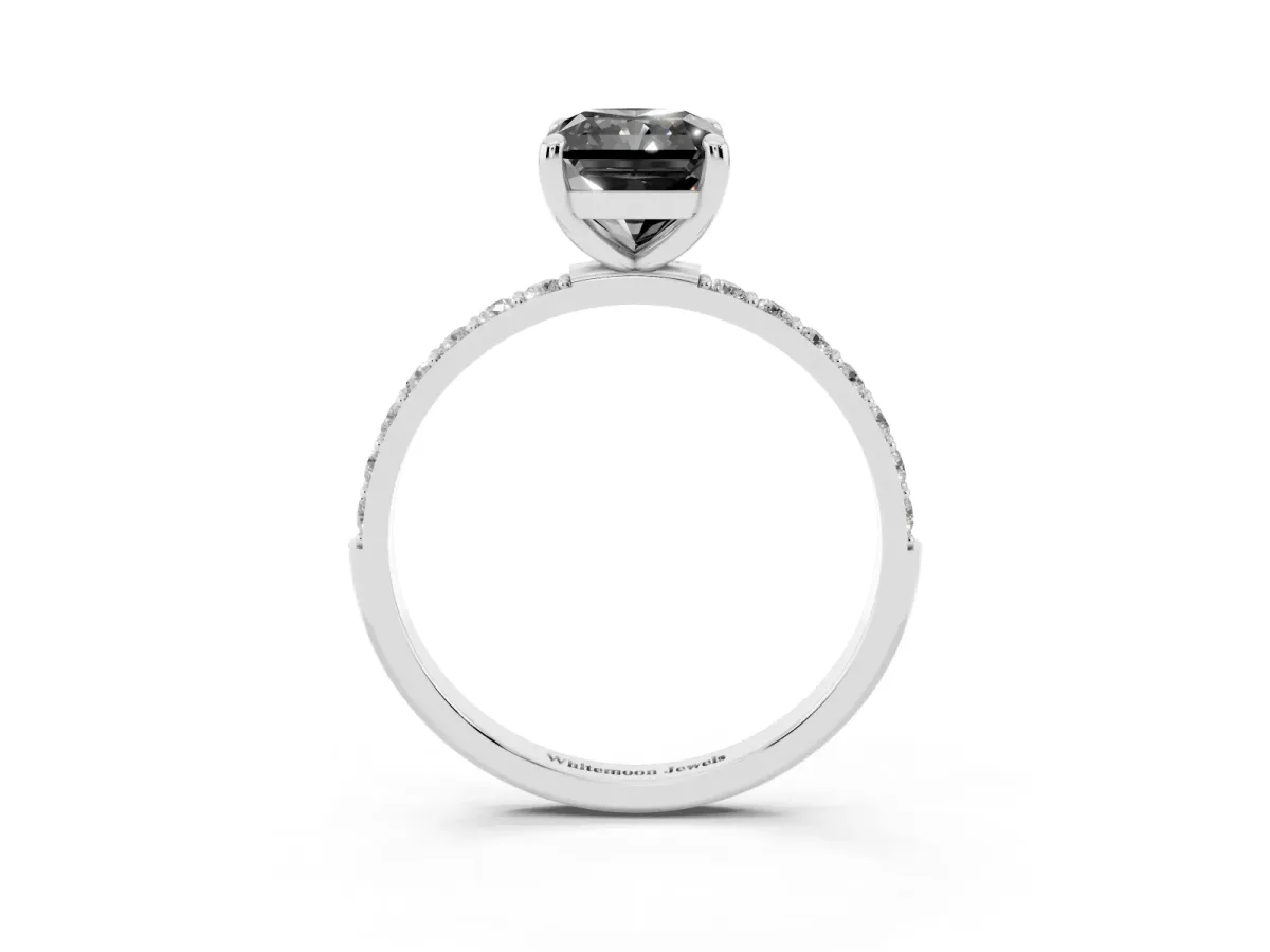 Fancy Black Radiant Cut Diamond Solitaire Ring with Round Pavé Band and Prong Setting Silver