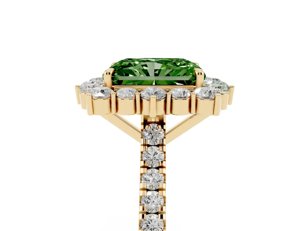 Fancy Green Radiant Cut Halo Diamond Ring with Pavé Band and Prong Setting Yellow gold
