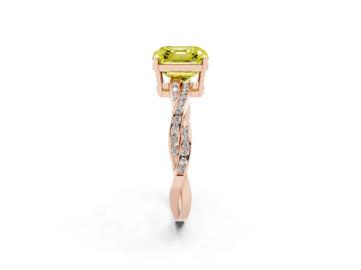 Fancy Yellow Asscher Cut Solitaire Twisted Pave Diamond Ring with Four-Prong Setting Rose gold