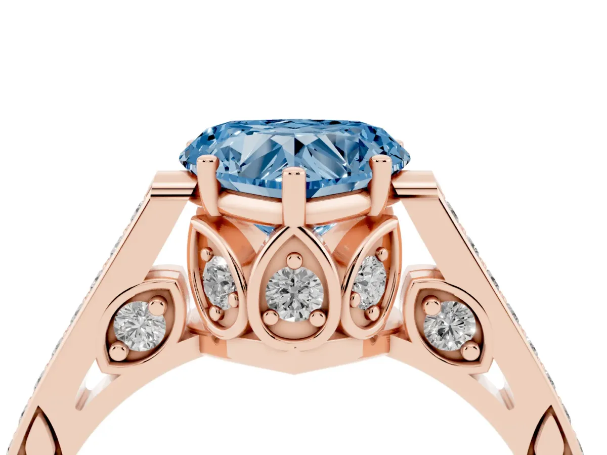 Fancy Blue Heart Cut Cut Cathedral Pave Diamond Engagement Ring with Six-Prong Setting Rose gold
