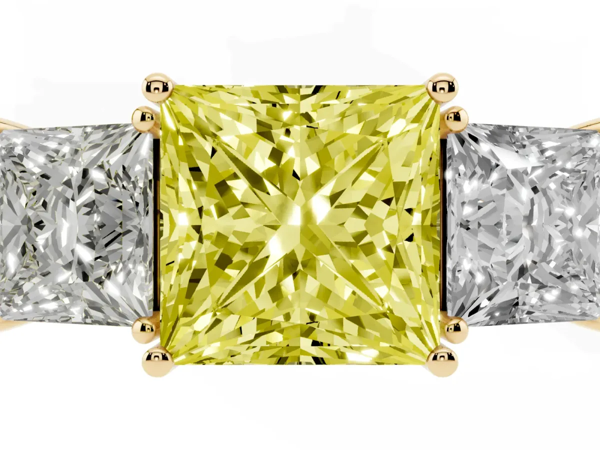 Fancy Yellow Three-Stone Princess Cut Cut Diamond Engagement Ring with Flat Band and Four-Prong Setting Yellow gold