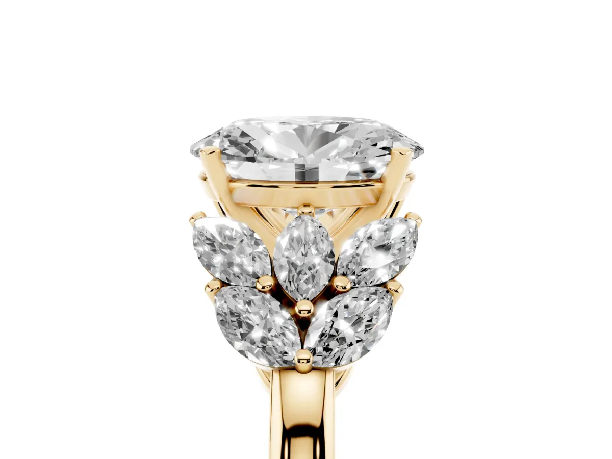 Oval Cut Diamond Cluster Leaf Design Ring with Prong Setting Yellow gold