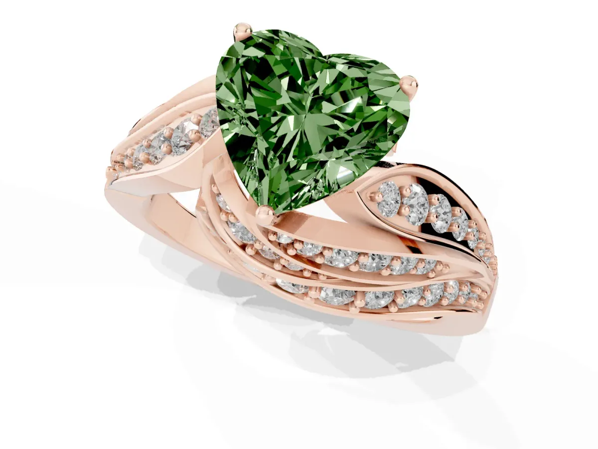Fancy Green Heart Cut Diamond Solitaire Ring with Prong Setting and Twisted Pavé Band Rose gold
