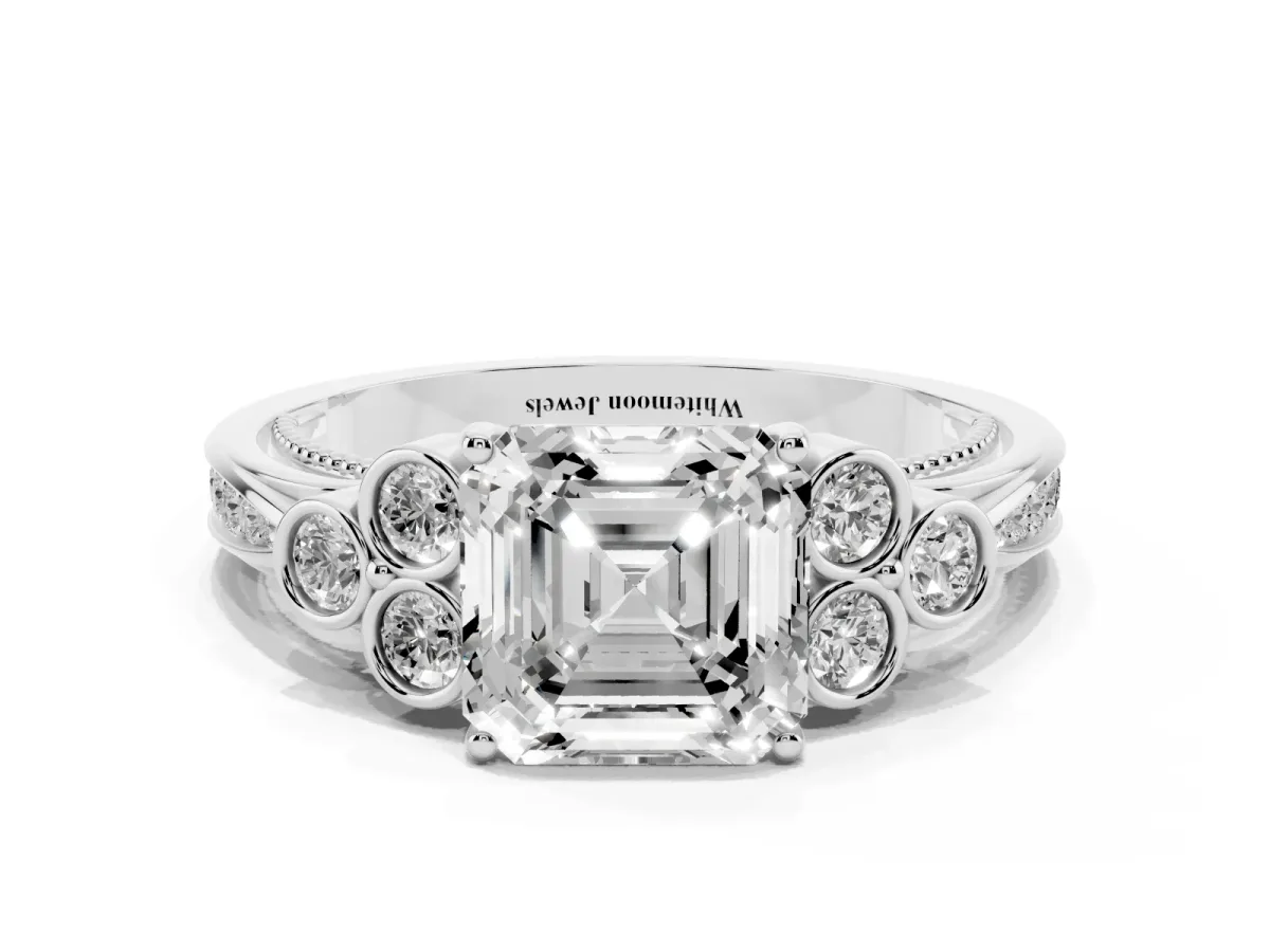 Asscher Cut Cut Diamond Engagement Ring with Bezel Set Round Side Stones and Prong Setting Silver
