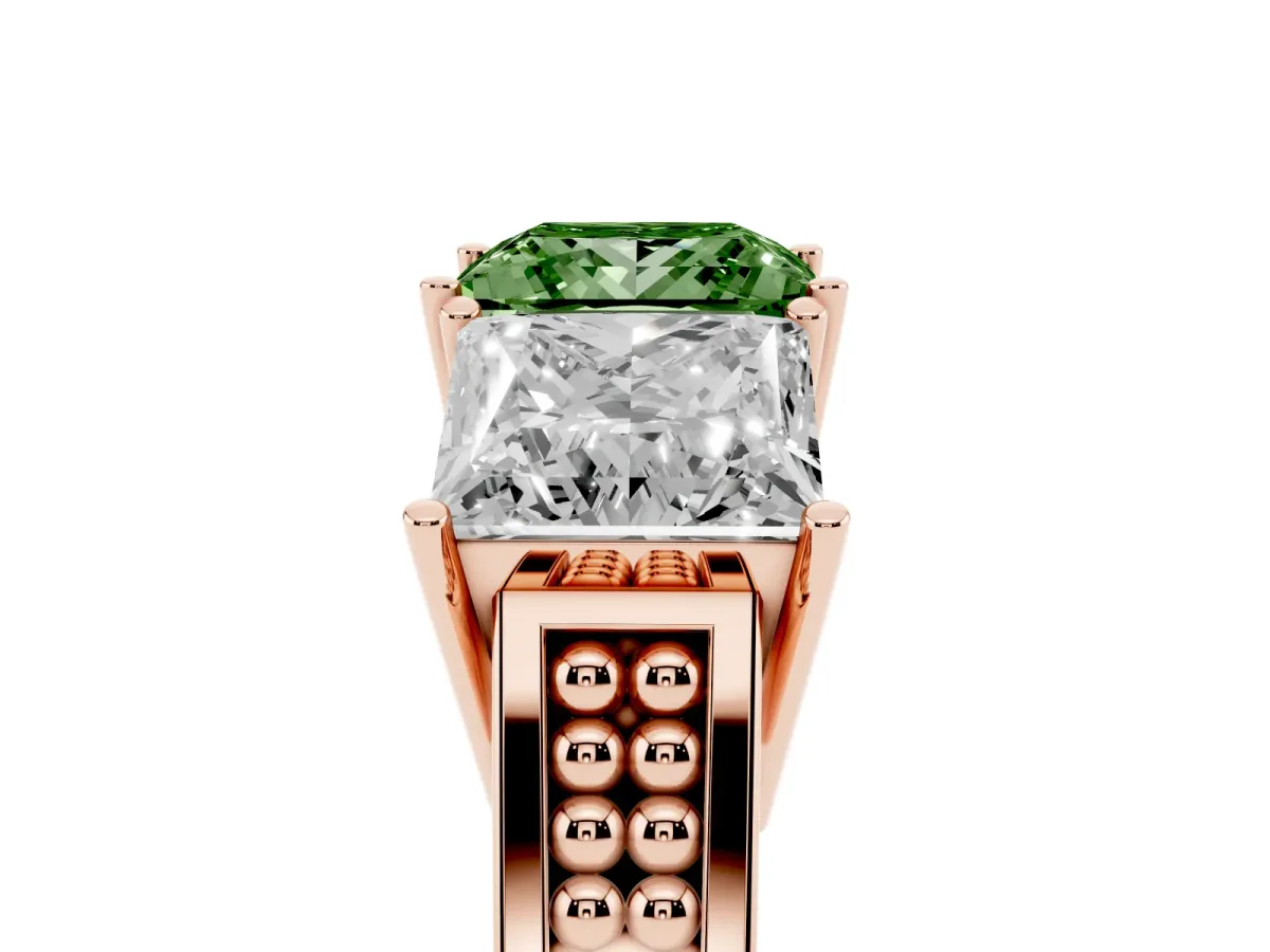Fancy Green Princess Cut Diamond Three-Stone Ring with Prong Setting and Textured Band Rose gold