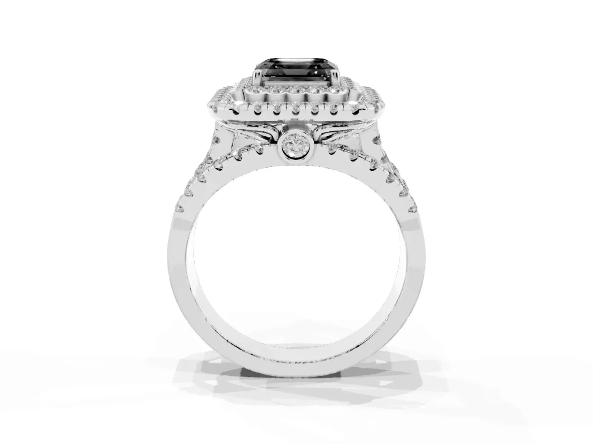 Fancy Black Asscher Cut Diamond Double Halo Ring with Round Pavé Split Shank and Prong Setting Silver