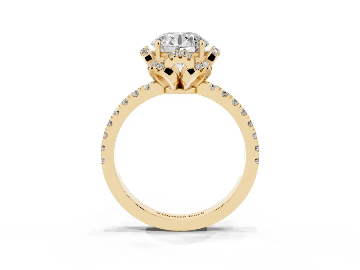 Round Cut Halo Diamond Pave Band Ring with Four-Prong Setting Yellow gold