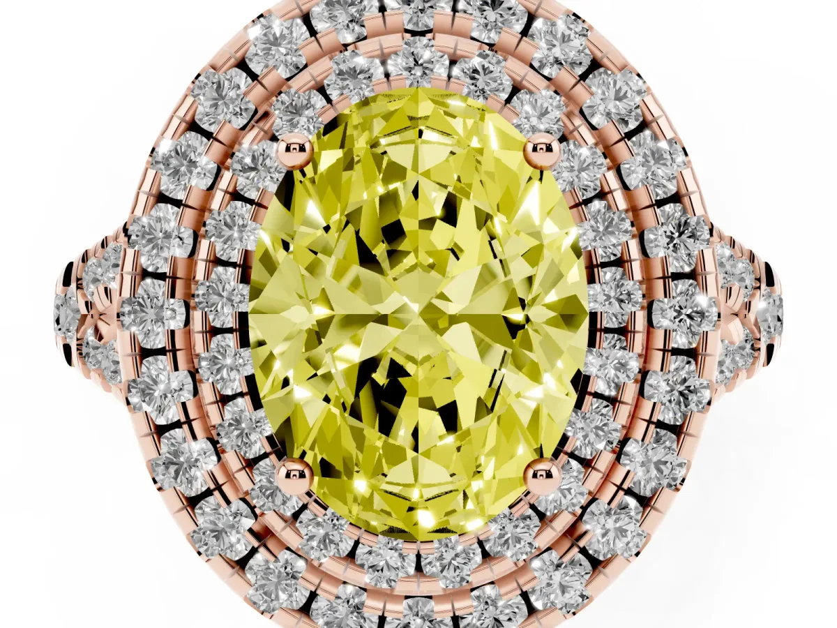 Fancy Yellow Double Halo Oval Cut Diamond Pavé Split Shank Ring with Prong Setting Rose gold