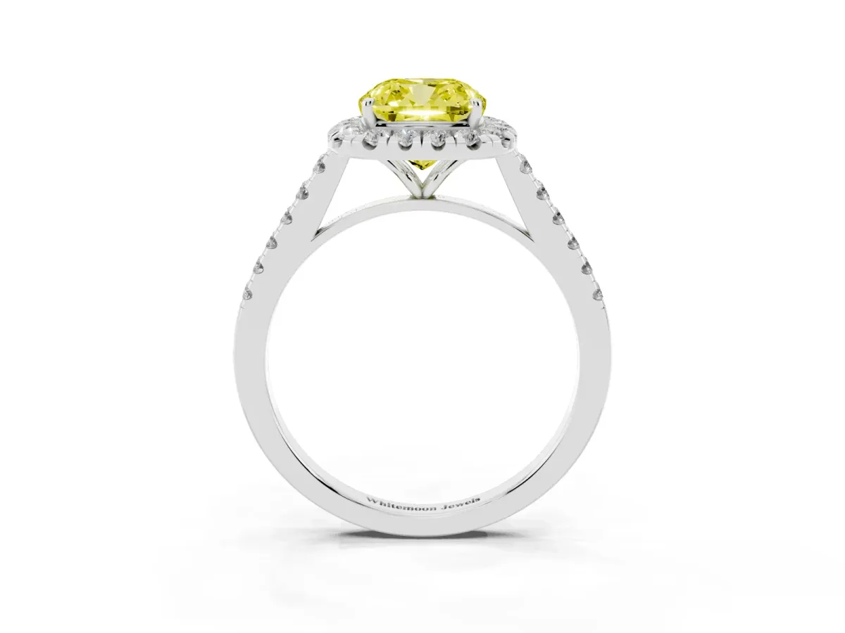 Fancy Yellow Cushion Cut Halo Pave Diamond Engagement Ring with Four-Prong Setting White gold