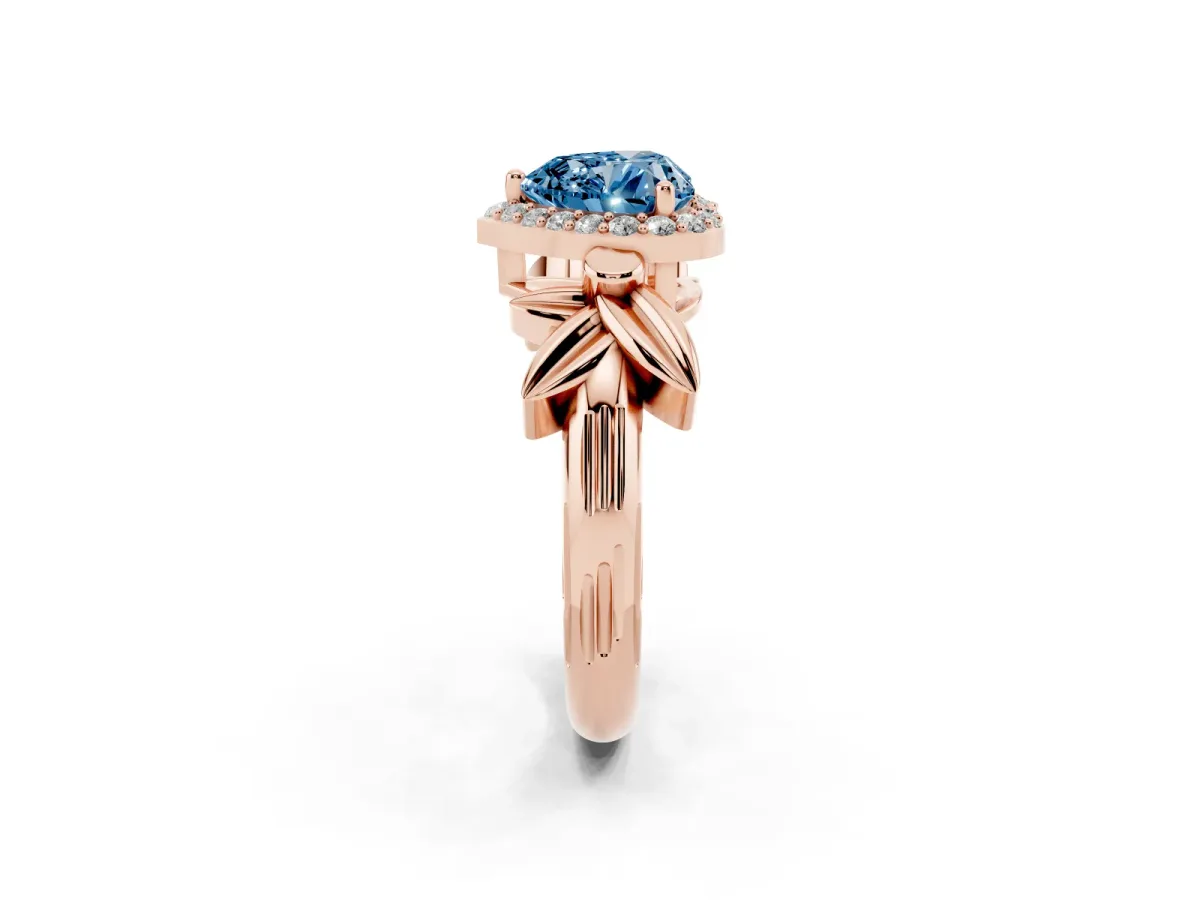 Fancy Blue Heart Cut Halo Diamond Floral Band with Four-Prong Setting Rose gold