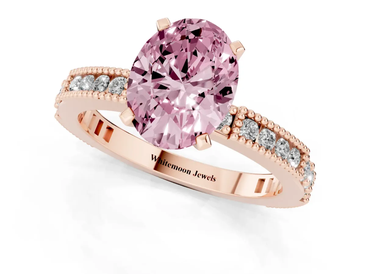 Fancy Pink Oval Cut Solitaire with Pavé Band and Four-Prong Setting Rose gold