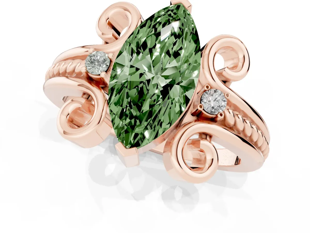 Fancy Green Marquise Cut Solitaire Twisted Band Scroll Prong Ring Rose gold