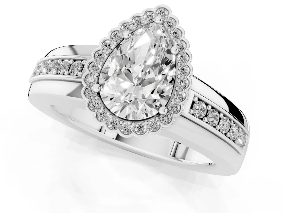 Pear Cut Cut Halo Pave Band Four-Prong Ring Silver