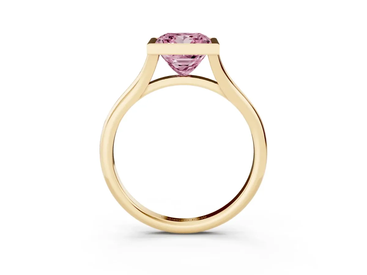 Fancy Pink Bezel Set Princess Cut Cut Solitaire Ring with Tapered Band Yellow gold