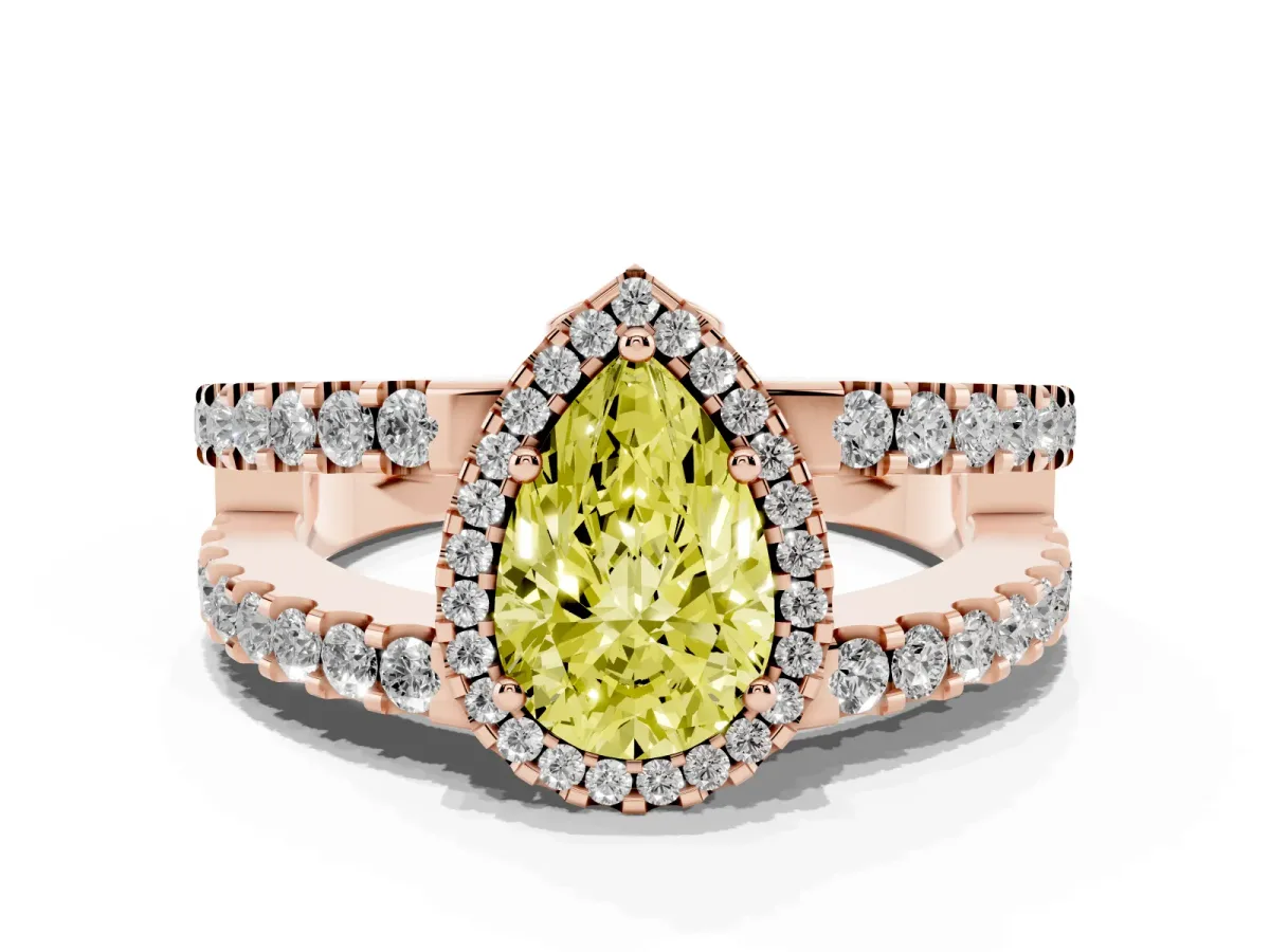 Fancy Yellow Pear Cut Cut Halo Split Shank Diamond Ring with Four-Prong Setting Rose gold
