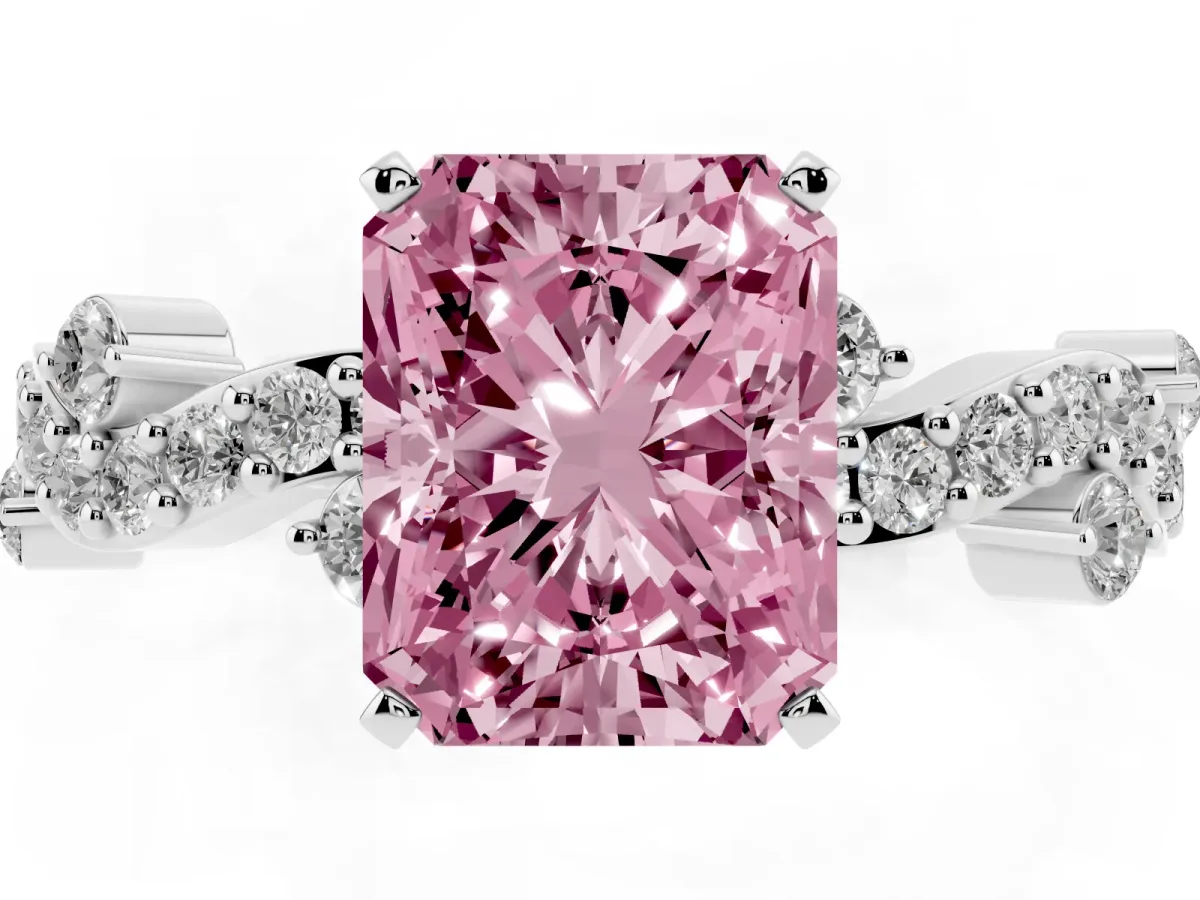 Fancy Pink Radiant Cut Cut Solitaire Diamond Twisted Band with Pave Setting Silver