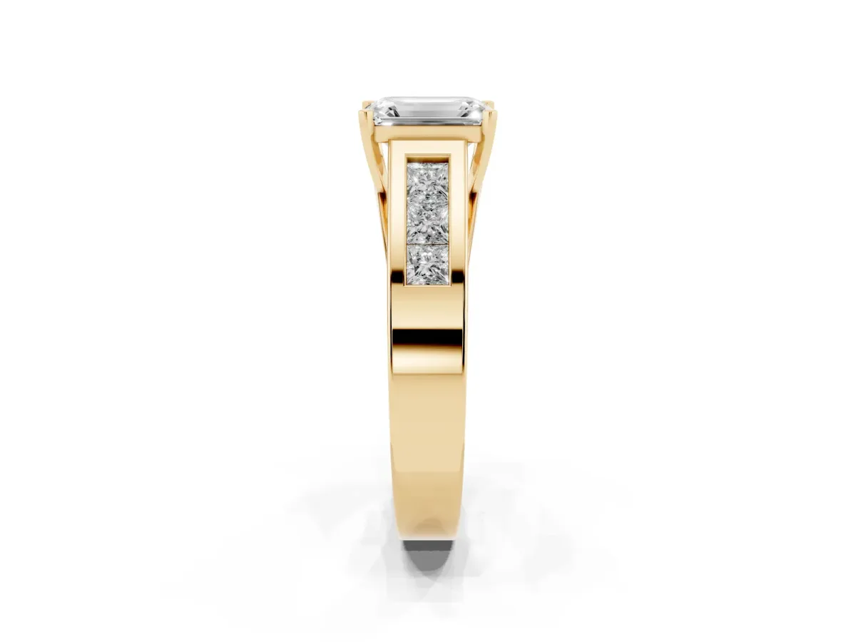 Emerald Cut Cut Channel Set Solitaire Ring with Four-Prong Setting Yellow gold