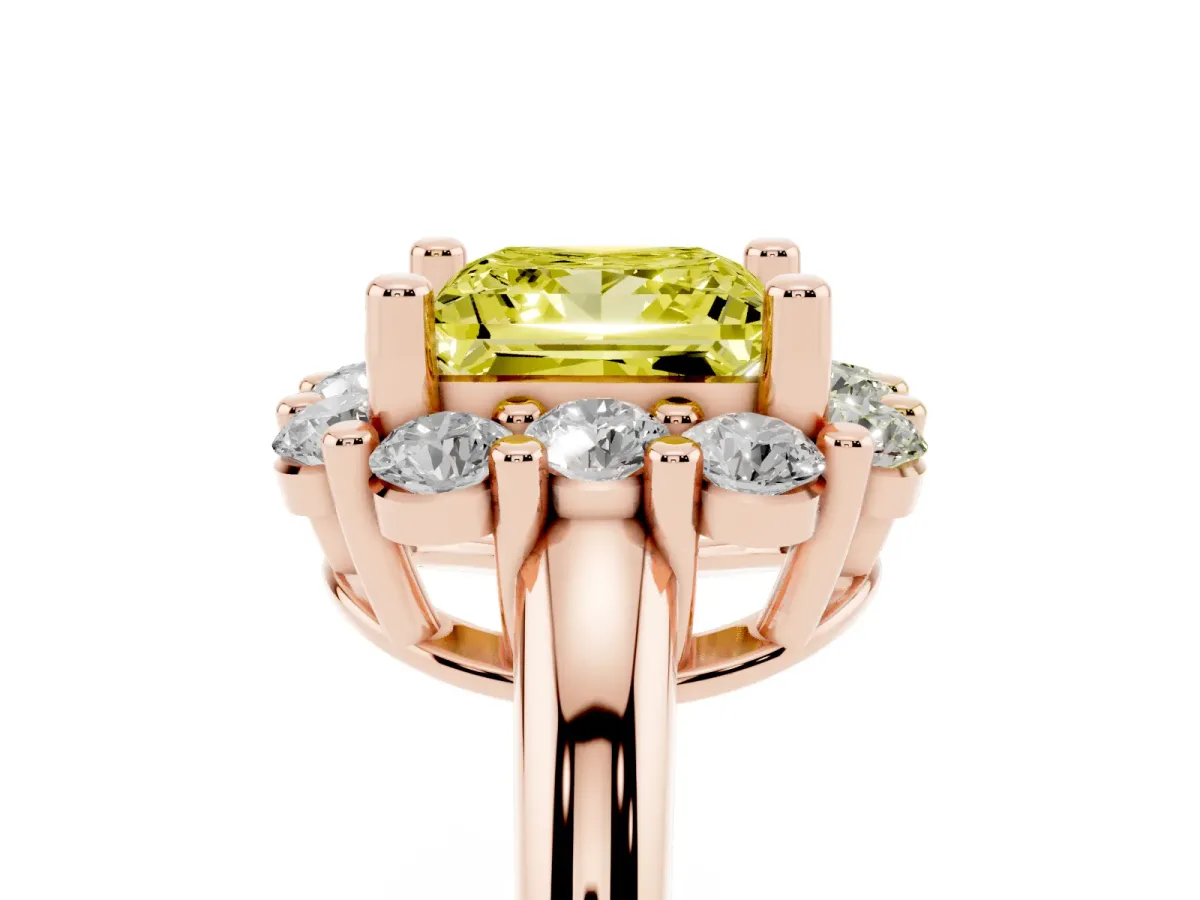 Fancy Yellow Princess Cut Halo Cluster Diamond Engagement Ring with Prong Setting and Polished Band Rose gold