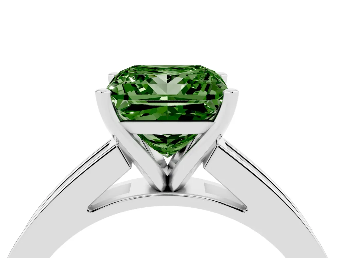 Fancy Green Princess Cut Solitaire Diamond Ring with Channel-Set Band and Four-Prong Setting Platinum