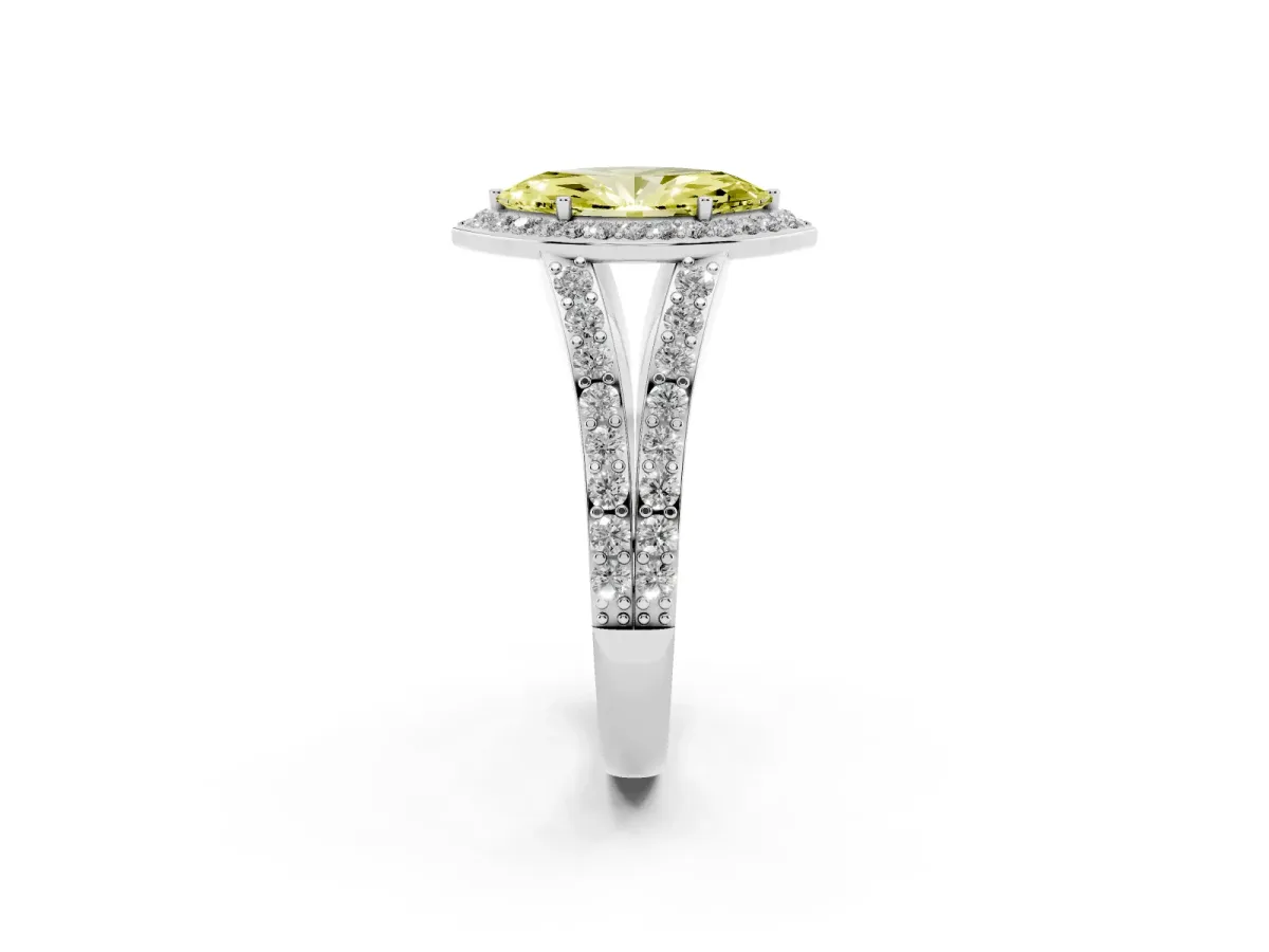 Fancy Yellow Marquise Cut Diamond Split Shank Halo Ring with Four-Prong Setting Silver