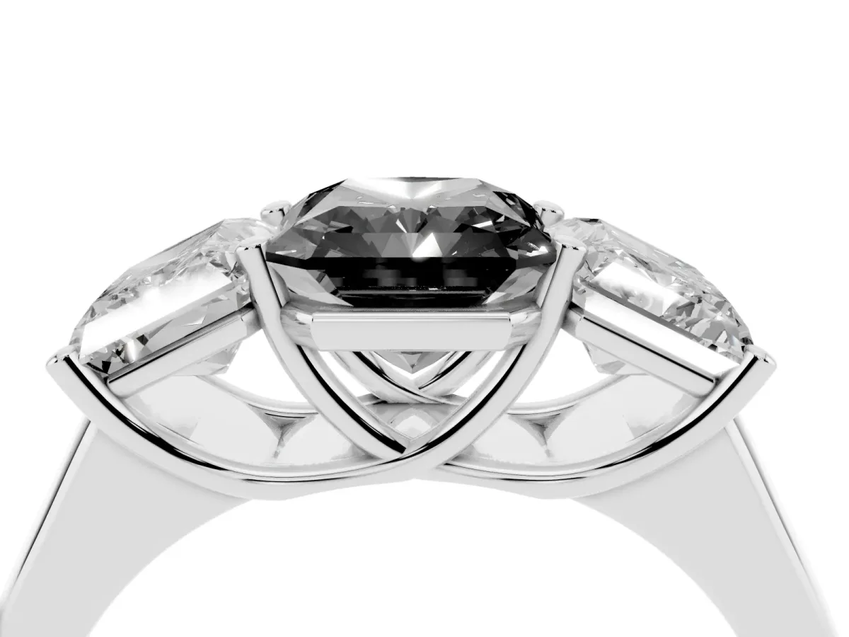 Fancy Black Radiant Cut Three-Stone Diamond Ring with Prong Setting on a Classic Band Silver