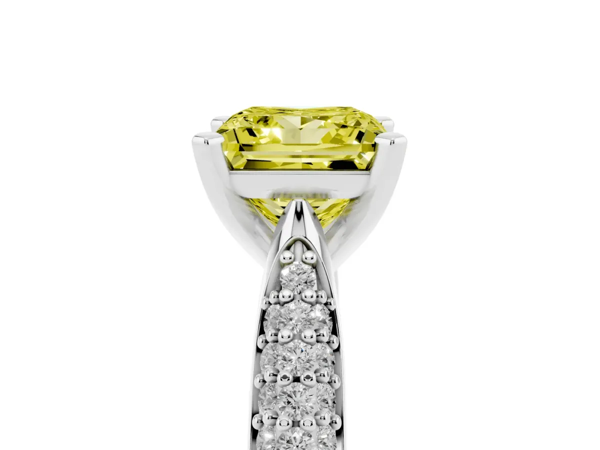 Fancy Yellow Princess Cut Diamond Solitaire Engagement Ring with Multi-Row Round Pavé Band and Prong Setting White gold
