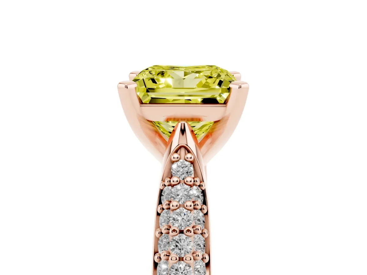 Fancy Yellow Princess Cut Diamond Solitaire Engagement Ring with Multi-Row Round Pavé Band and Prong Setting Rose gold