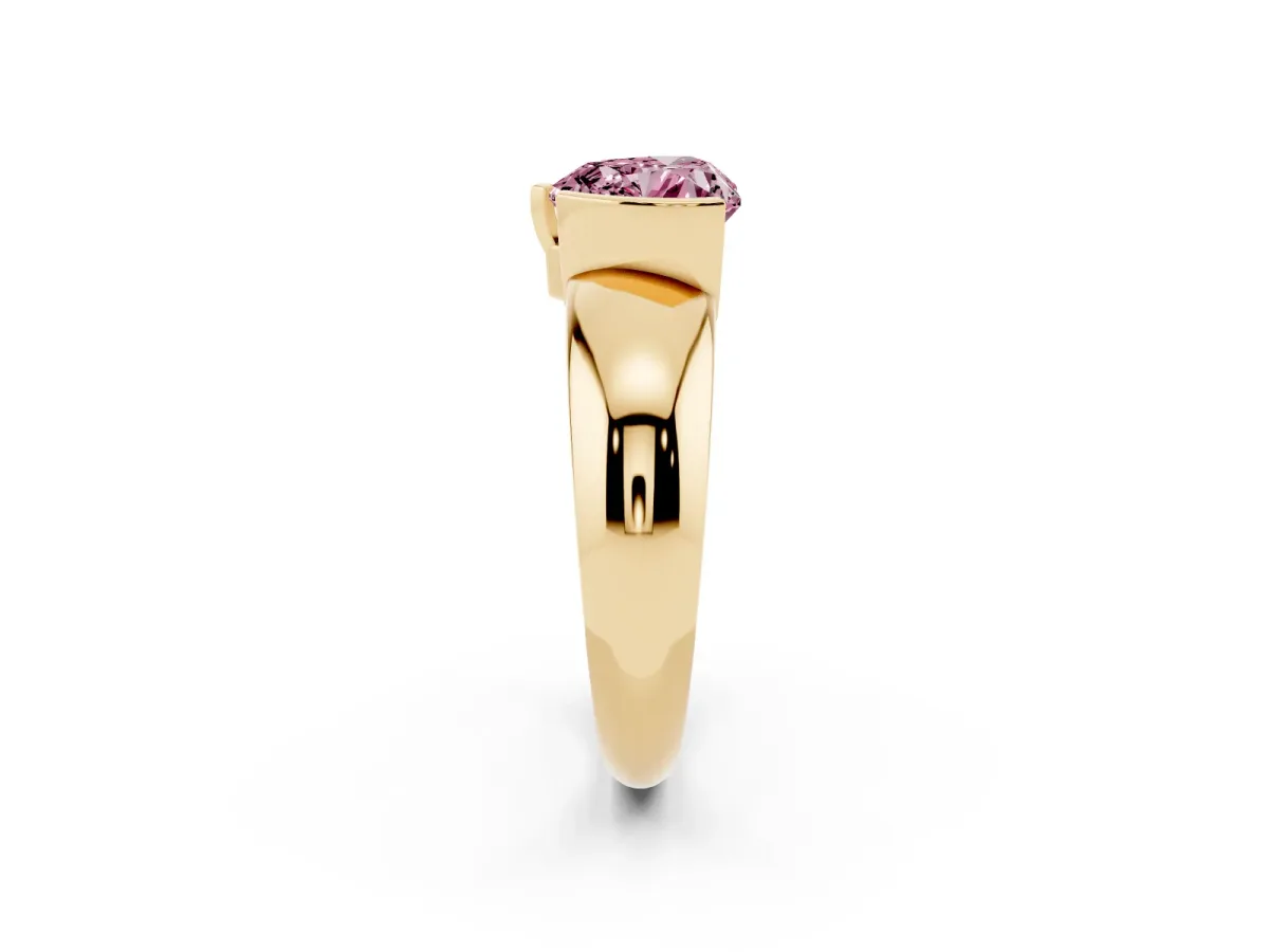 Fancy Pink Heart Cut Solitaire Tension Set Diamond Ring with Wide Band Yellow gold