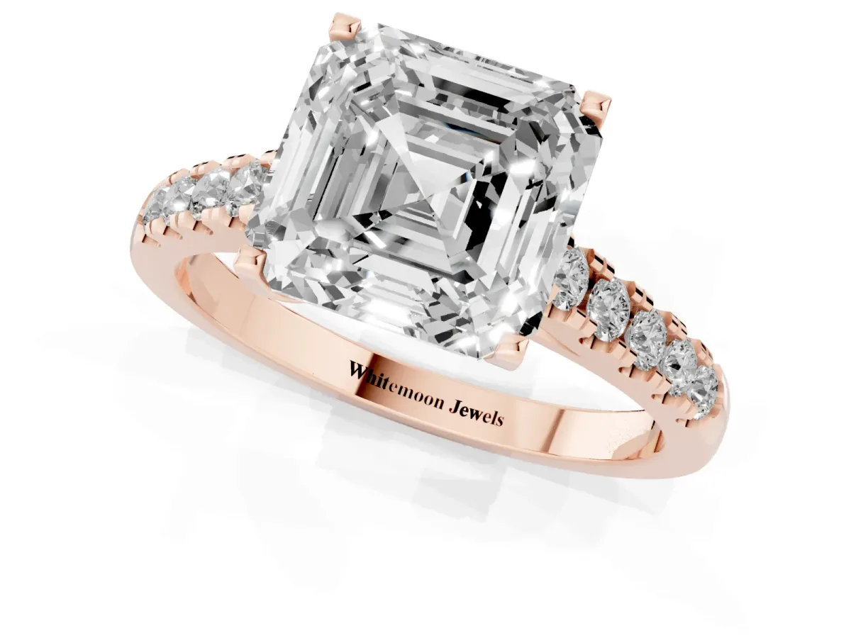Asscher Cut Diamond Pavé Band Solitaire Ring with Prong Setting Rose gold