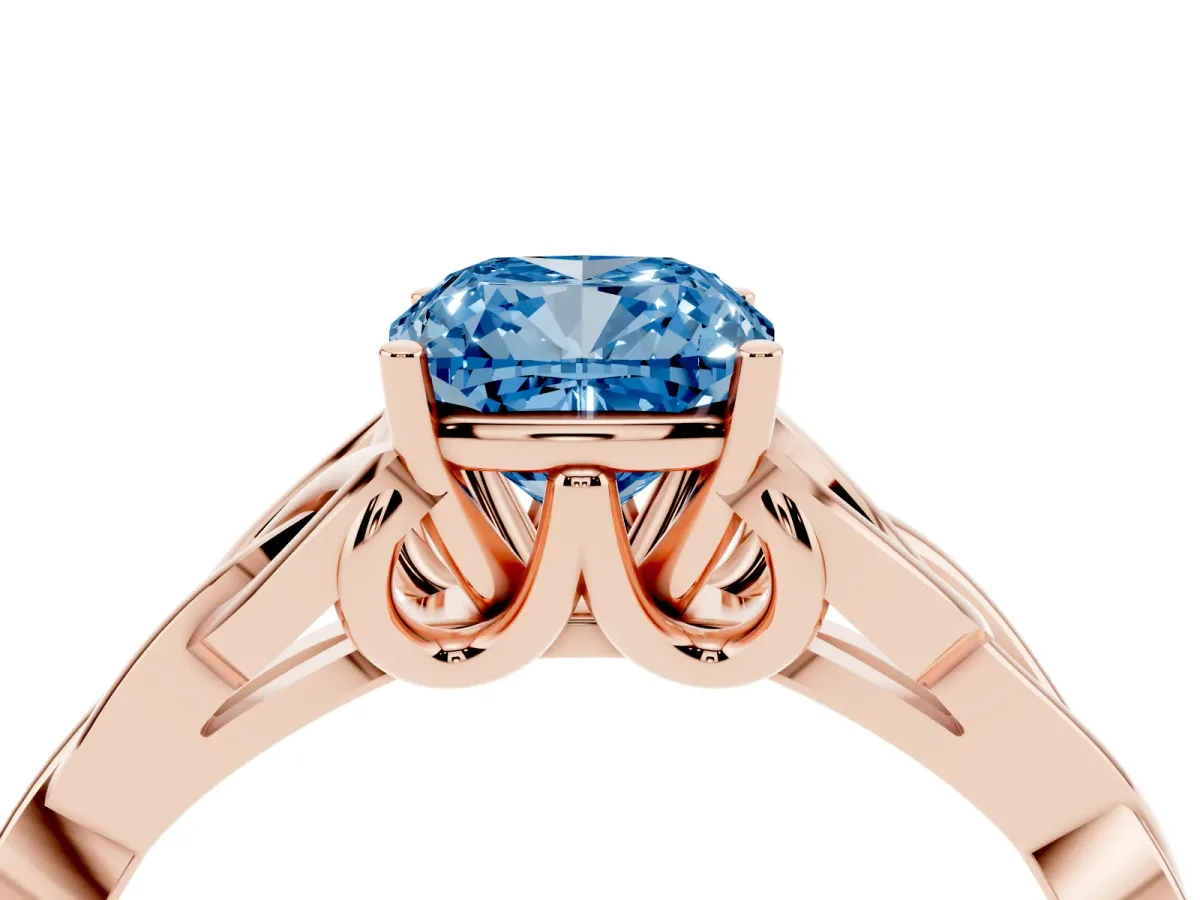 Fancy Blue Cushion Cut Diamond Solitaire Engagement Ring with Celtic Knot Band and Four-Prong Setting Rose gold