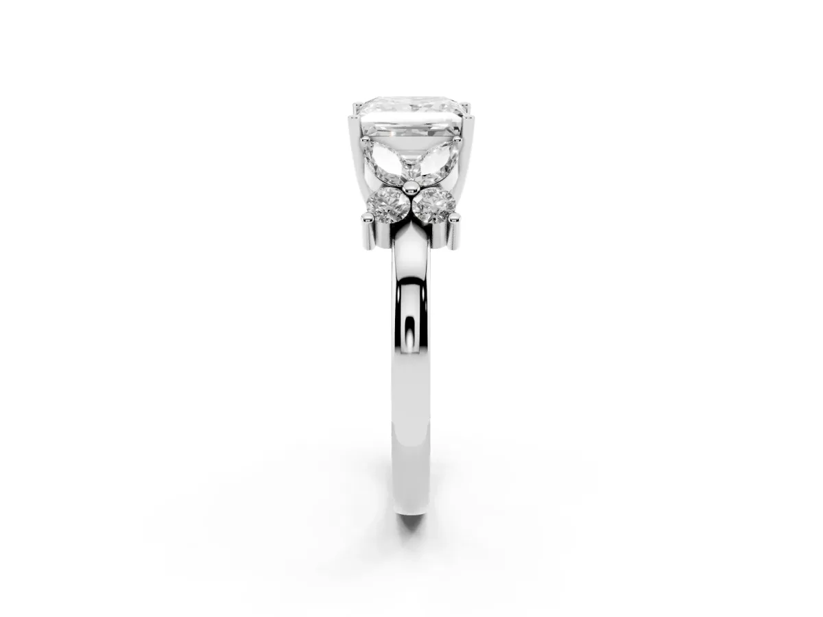 Princess Cut Diamond Floral Cluster Ring with Solitaire Band and Prong Setting Platinum