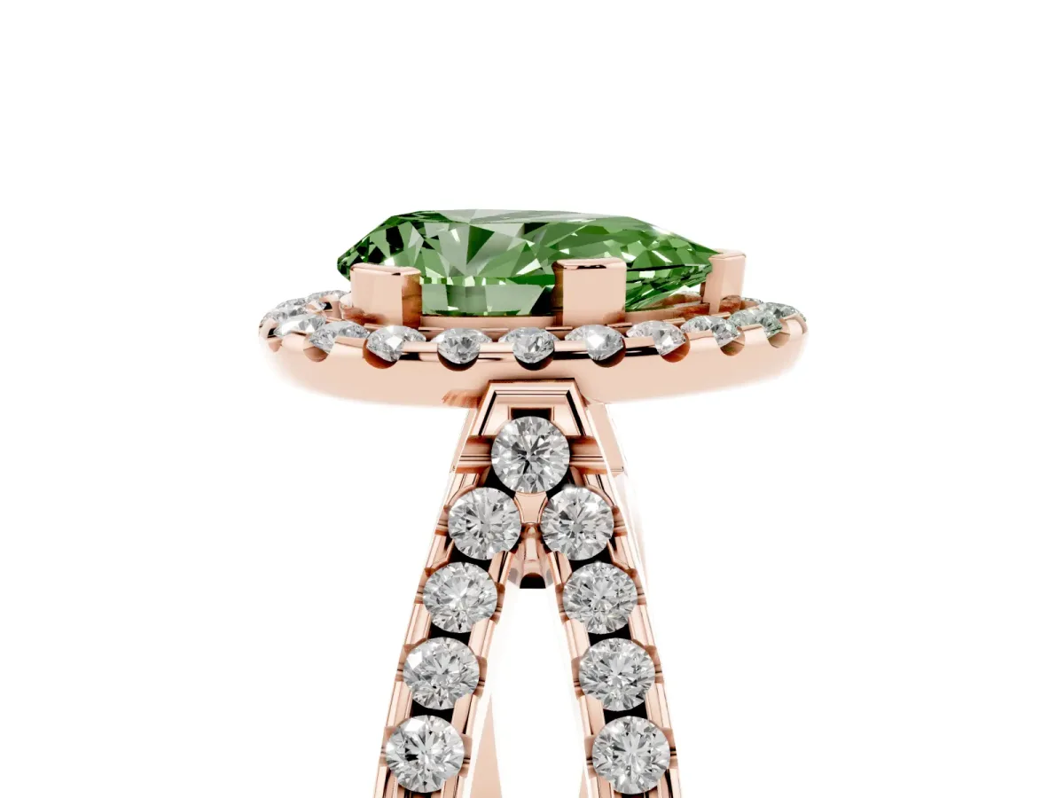 Fancy Green Pear Cut Diamond Halo Ring with Split Shank Pavé Band and Prong Setting Rose gold