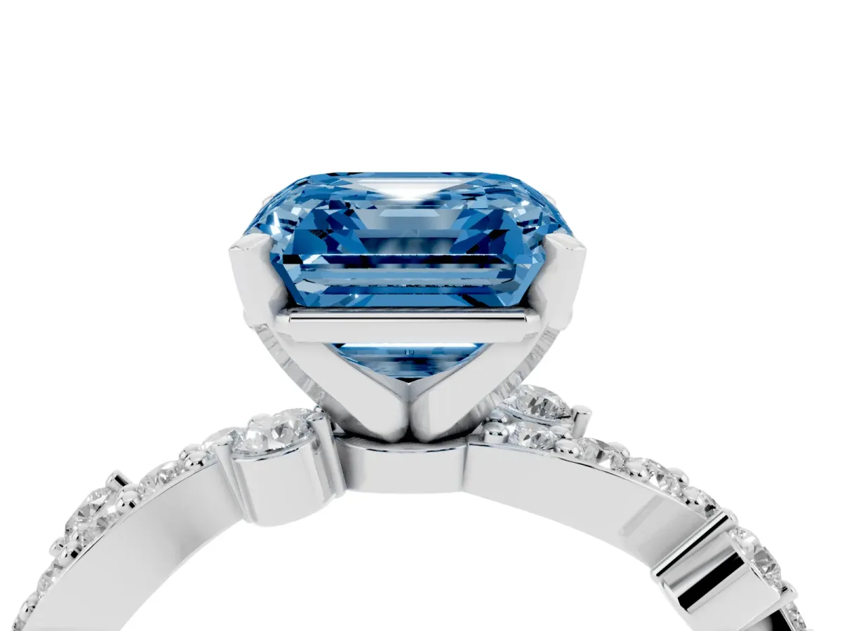 Fancy Blue Asscher Cut Cut Solitaire Diamond Twisted Band with Pave Setting Silver
