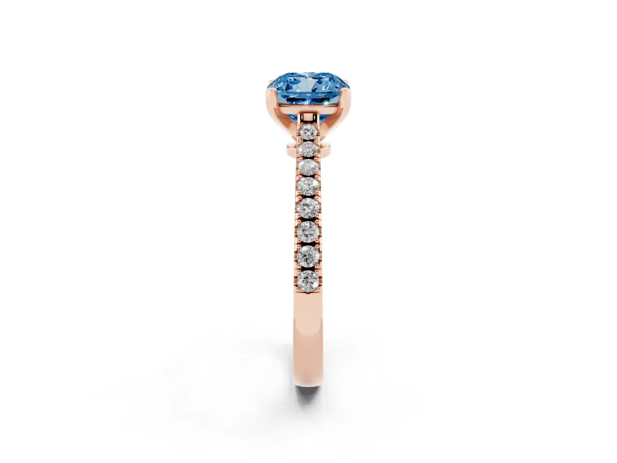 Fancy Blue Cushion Cut Cut Solitaire Diamond Engagement Ring with Pave Band and Four-Prong Setting Rose gold