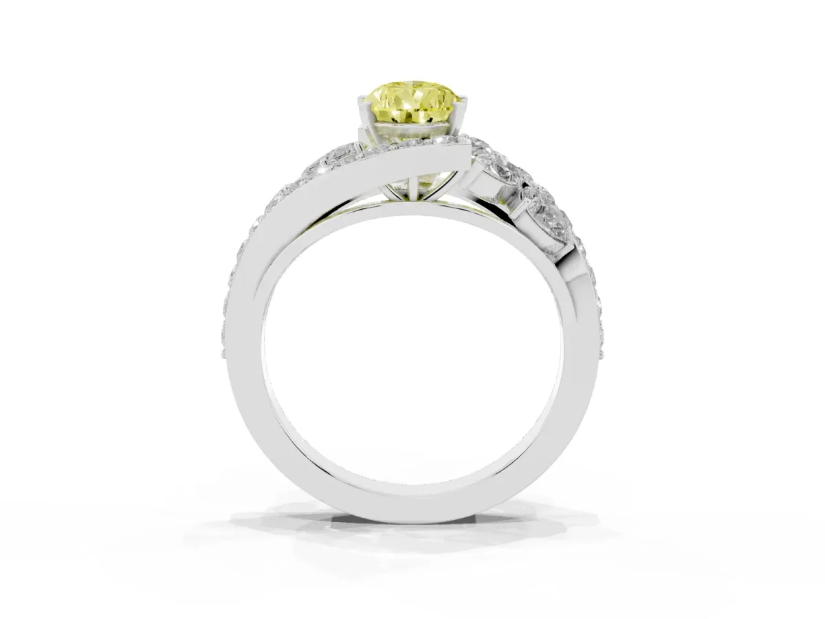 Fancy Yellow Pear Cut Diamond Halo Ring with Marquise and Pavé Band in Prong Setting Platinum