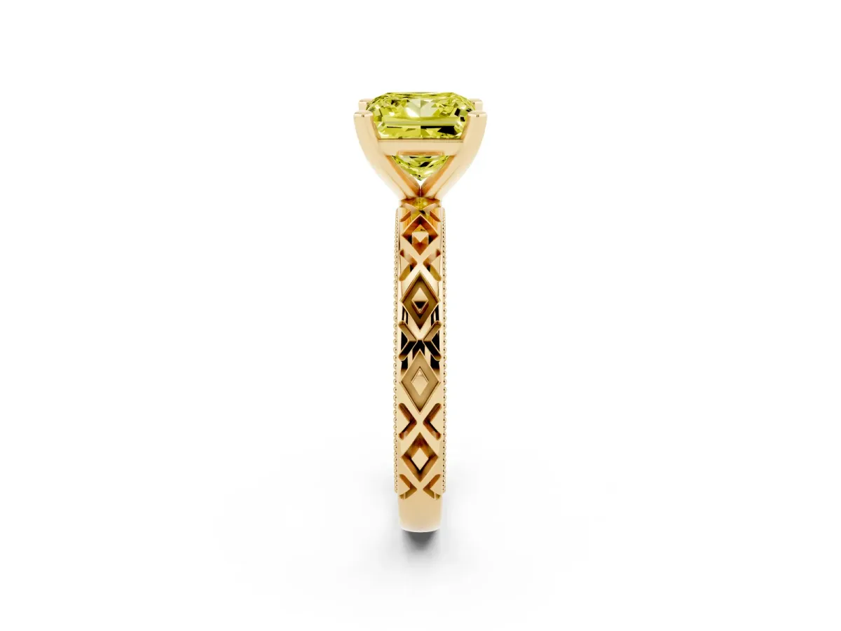 Fancy Yellow Princess Cut Solitaire Diamond Ring with Milgrain and Black Enamel X Pattern Band Yellow gold