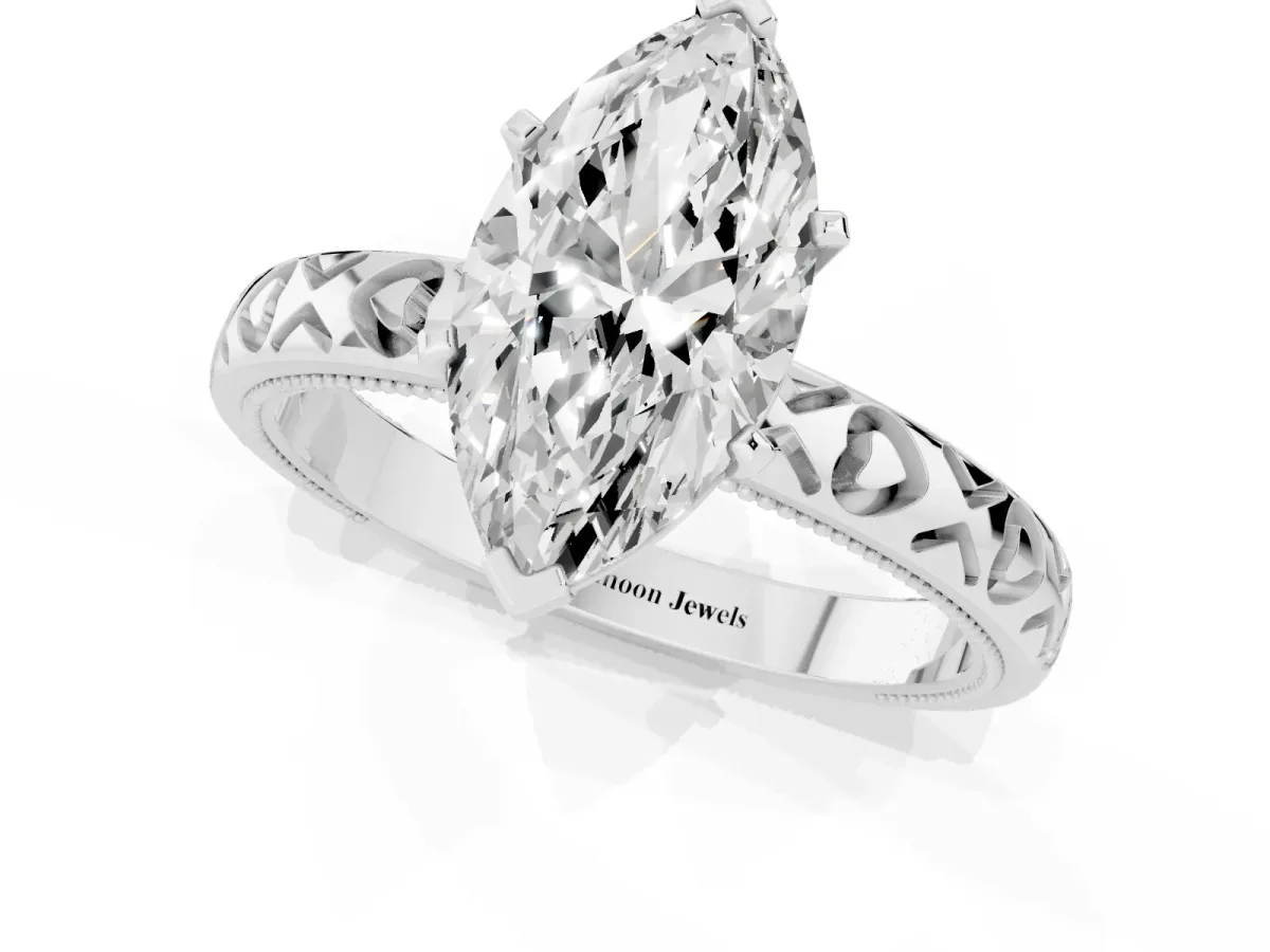 Marquise Cut Solitaire Diamond Engagement Ring with XO Engraved Band and Four-Prong Setting Platinum