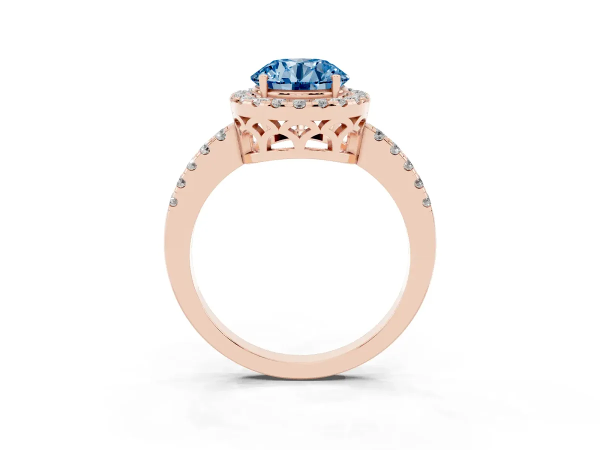 Fancy Blue Round Cut Halo Diamond Engagement Ring with Pavé Band and Four-Prong Setting Rose gold