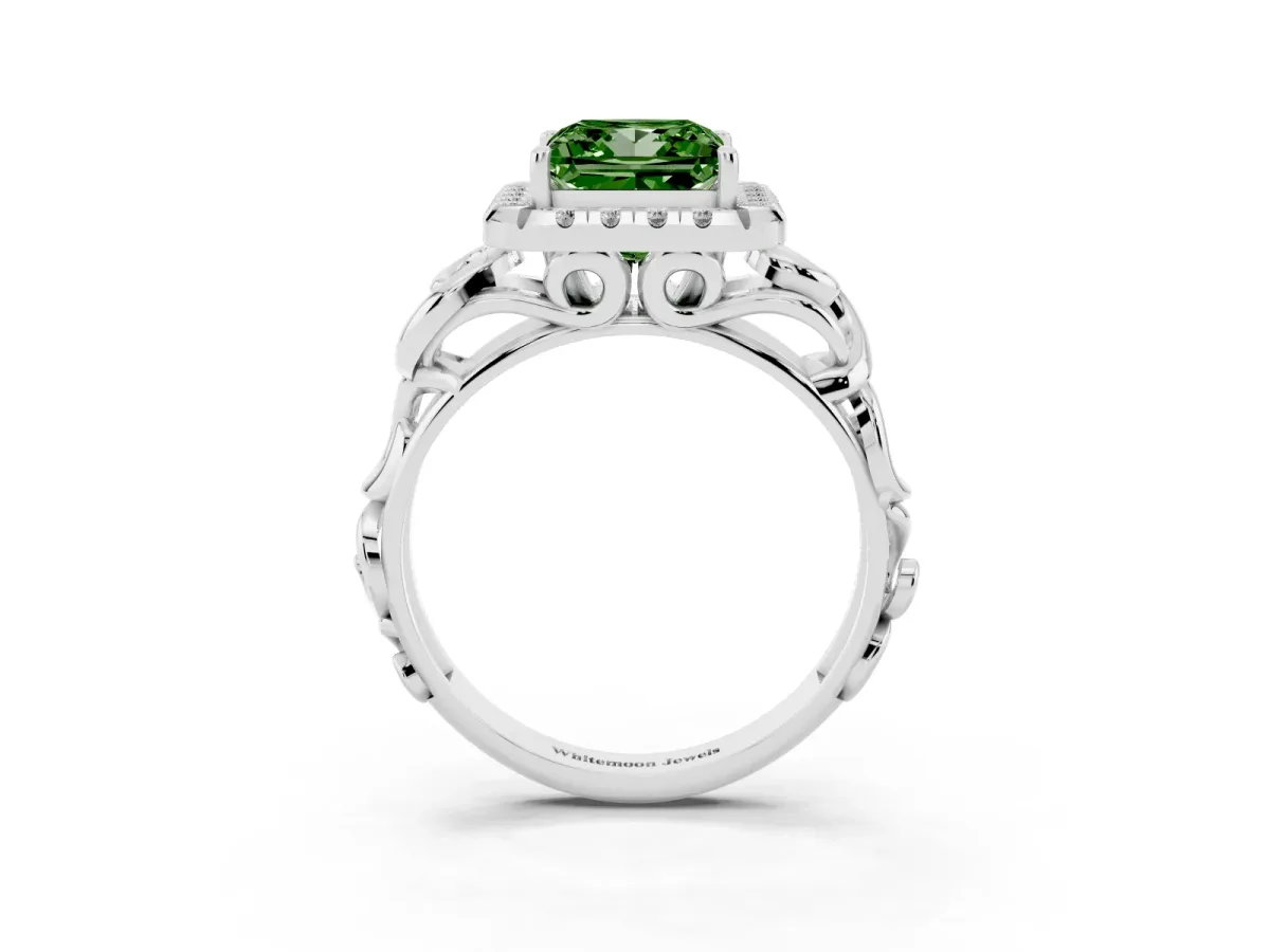 Fancy Green Princess Cut Cut Halo Diamond Ring with Scrollwork Band and Four-Prong Setting Silver
