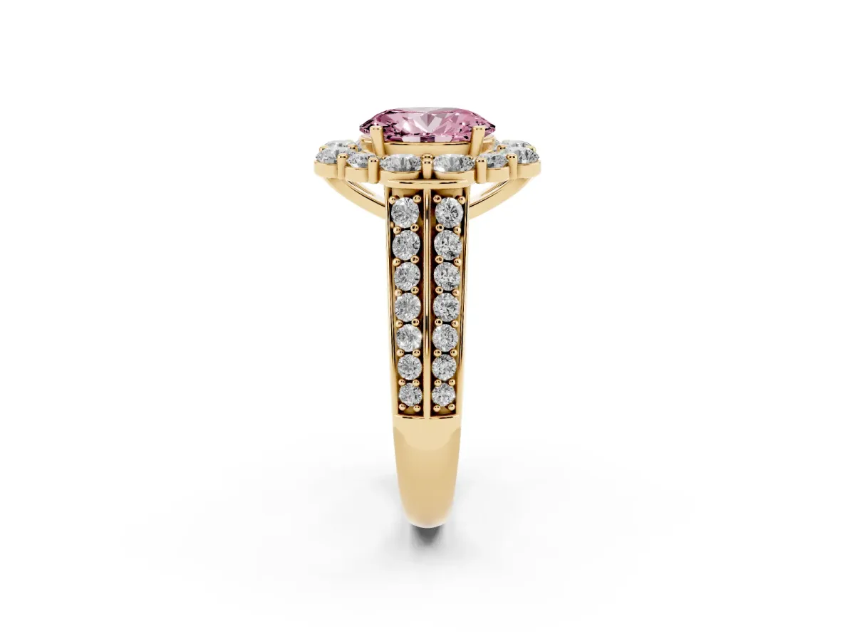 Fancy Pink Oval Cut Halo Diamond Engagement Ring with Split Shank and Prong Setting Yellow gold