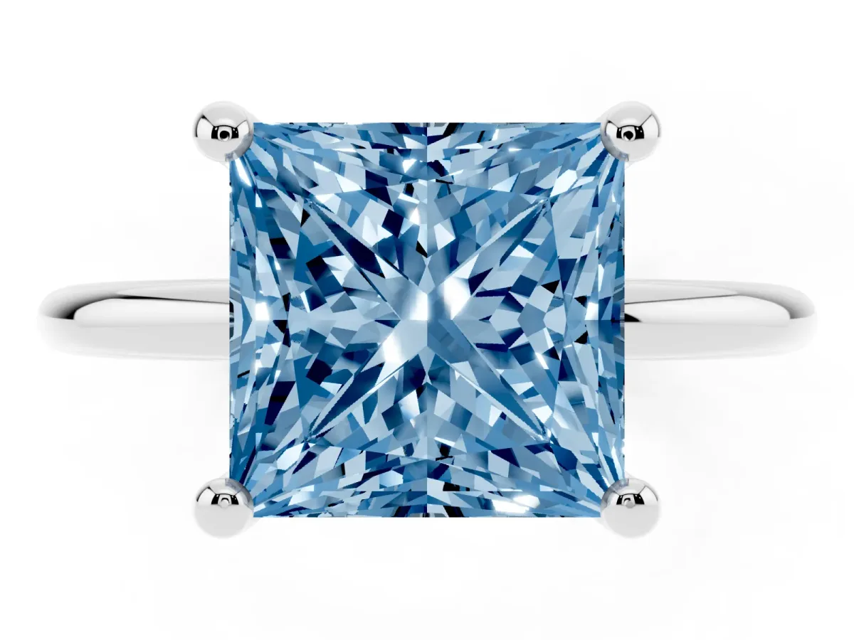 Fancy Blue Princess Cut Solitaire Diamond Ring with 4-Prong Setting on a Classic Band Silver