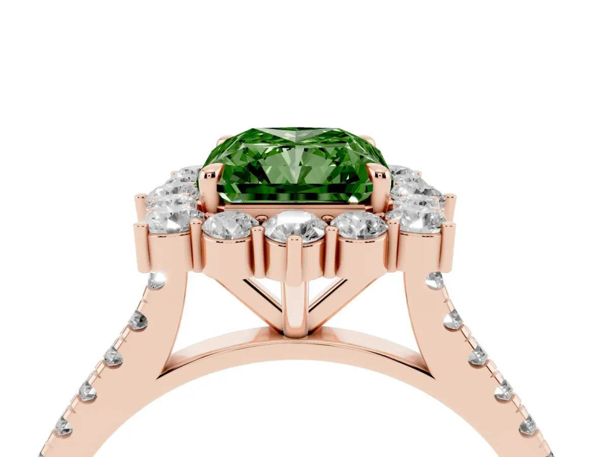 Fancy Green Radiant Cut Halo Diamond Ring with Pavé Band and Prong Setting Rose gold