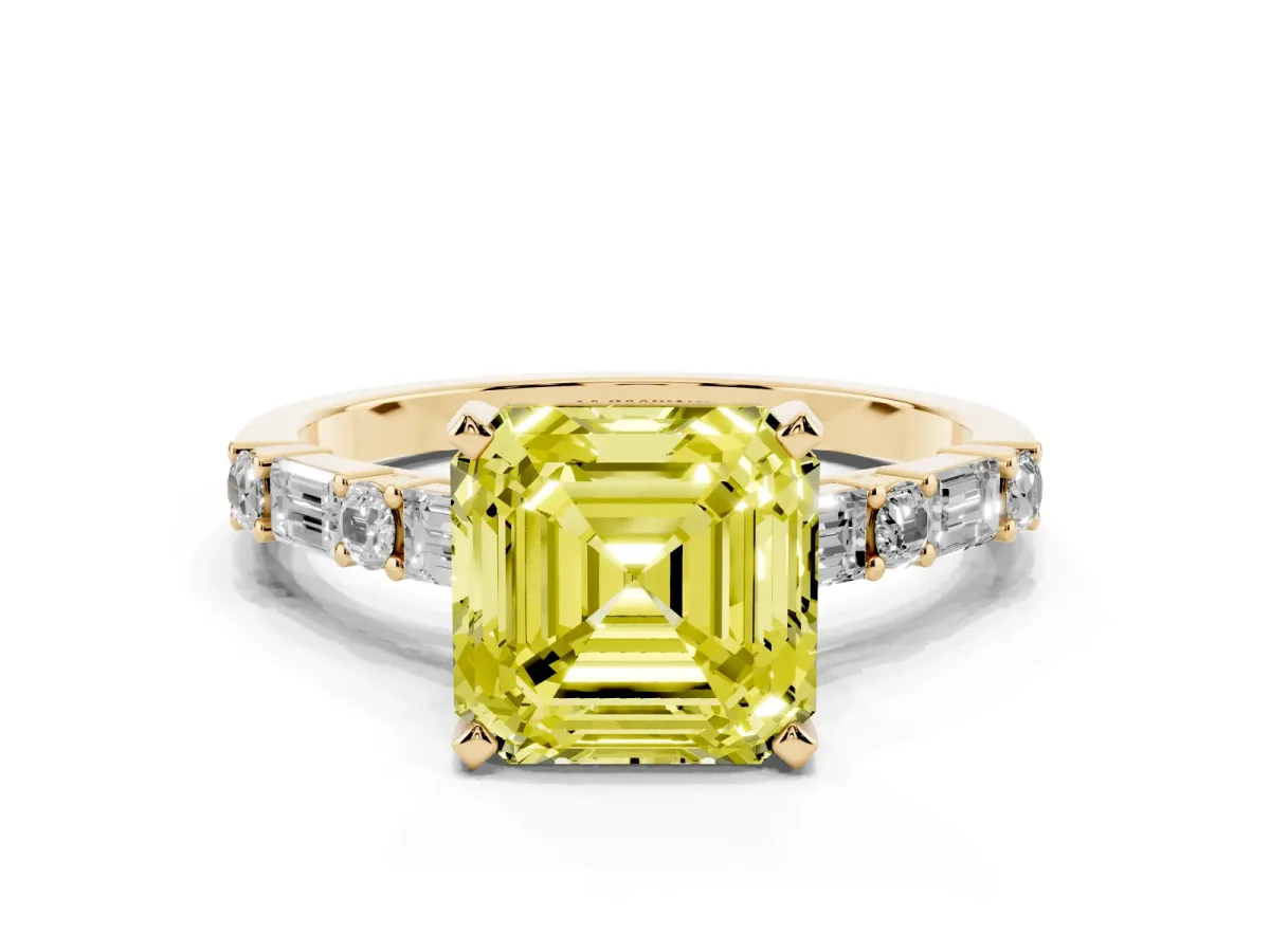 Fancy Yellow Asscher Cut Diamond Solitaire with Side Baguettes and Channel Set Band Yellow gold