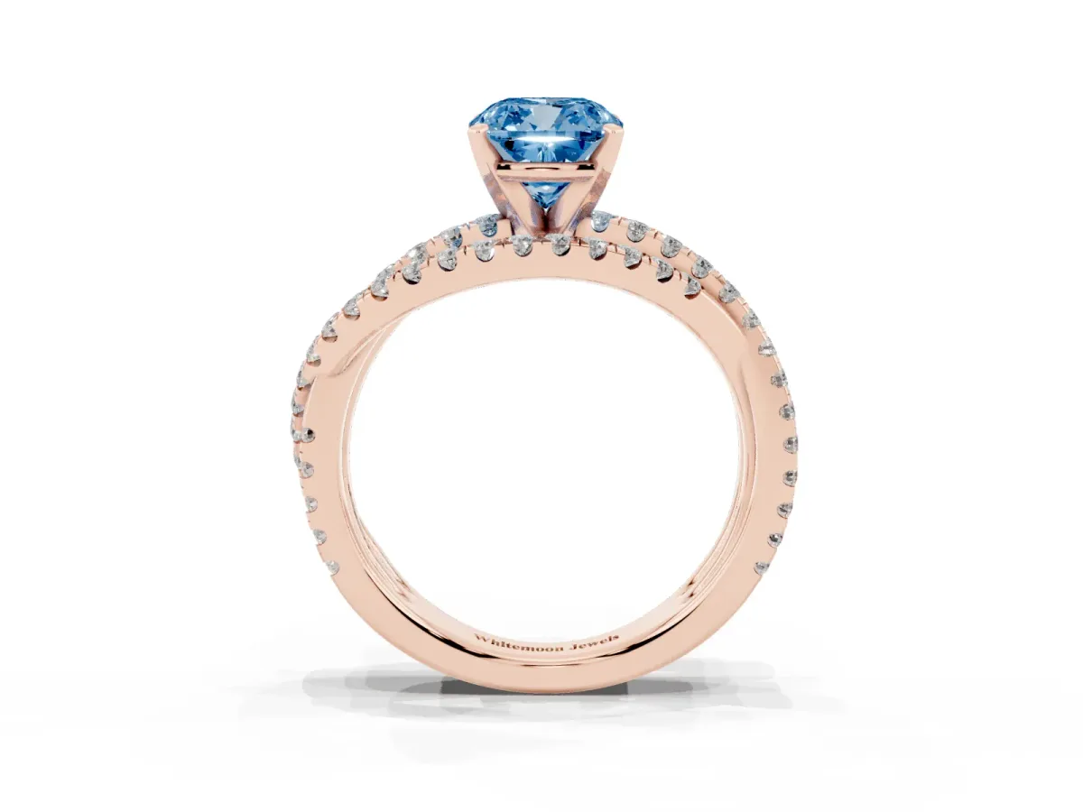 Fancy Blue Cushion Cut Solitaire Twist Band with Pavé Setting and Four-Prong Setting Rose gold