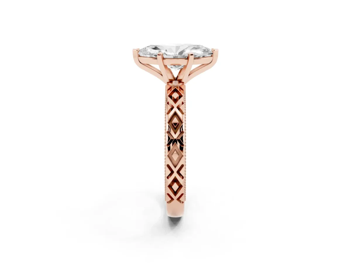 Marquise Cut Solitaire Diamond Ring with Milgrain and Black Enamel X Pattern Band Rose gold