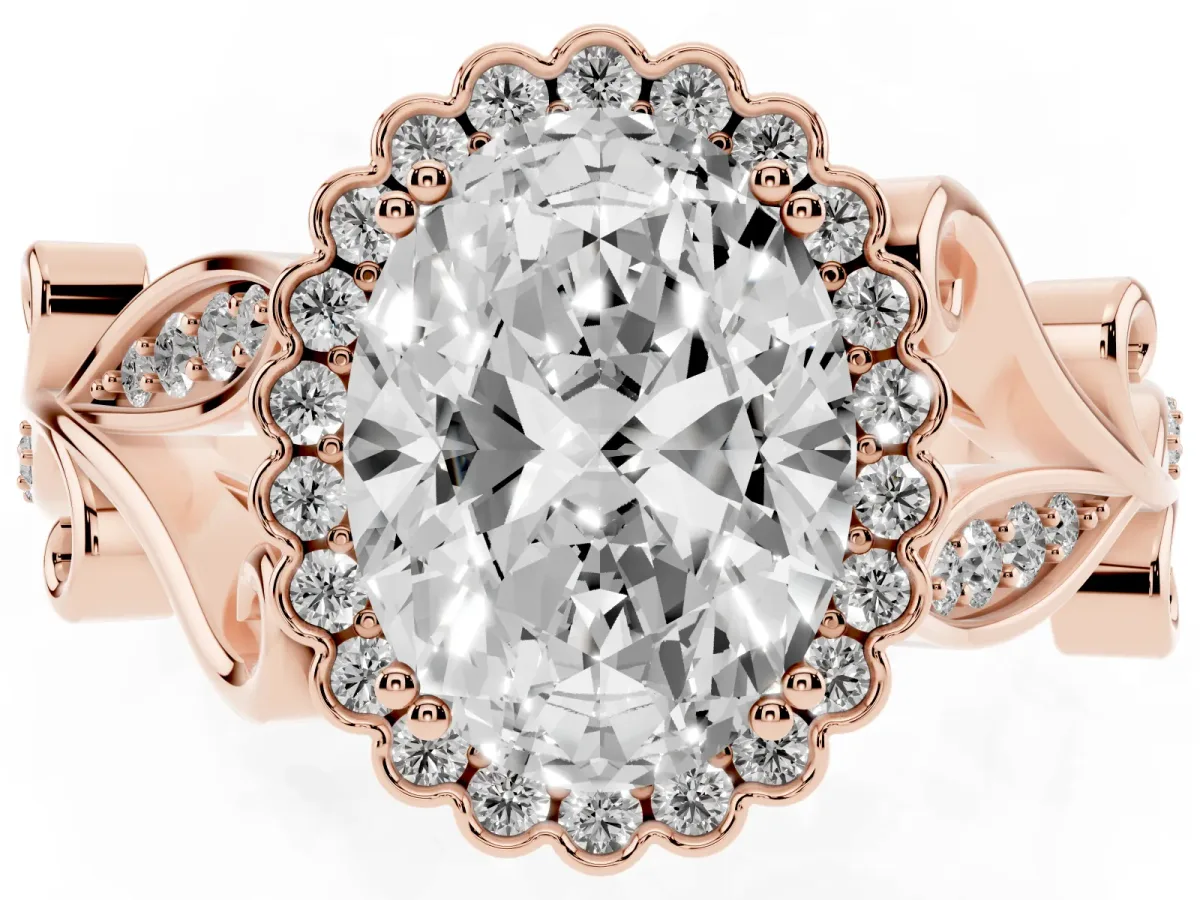 Oval Cut Diamond Halo Ring with Vintage Split Shank and Four-Prong Setting Rose gold