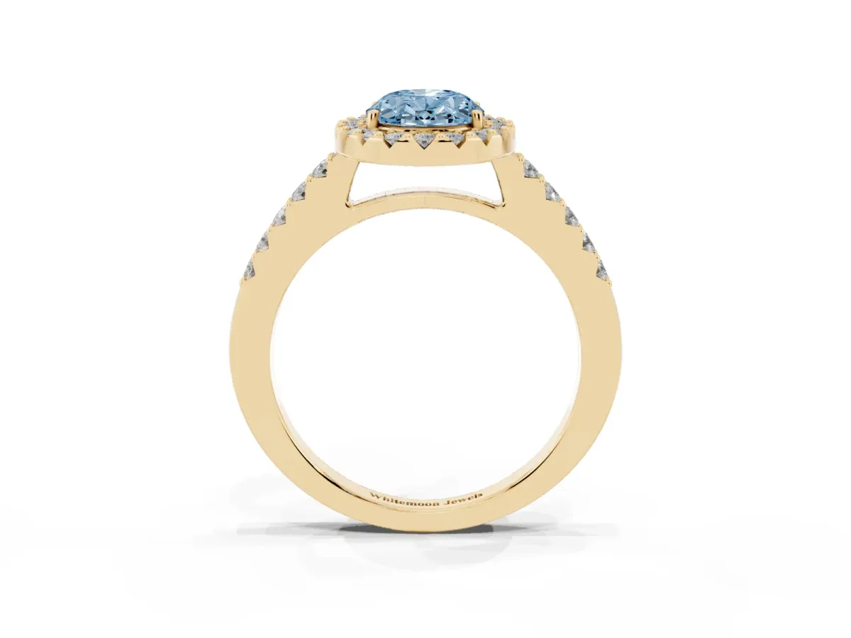 Fancy Blue Oval Cut Halo Diamond Pavé Solitaire Ring Yellow gold